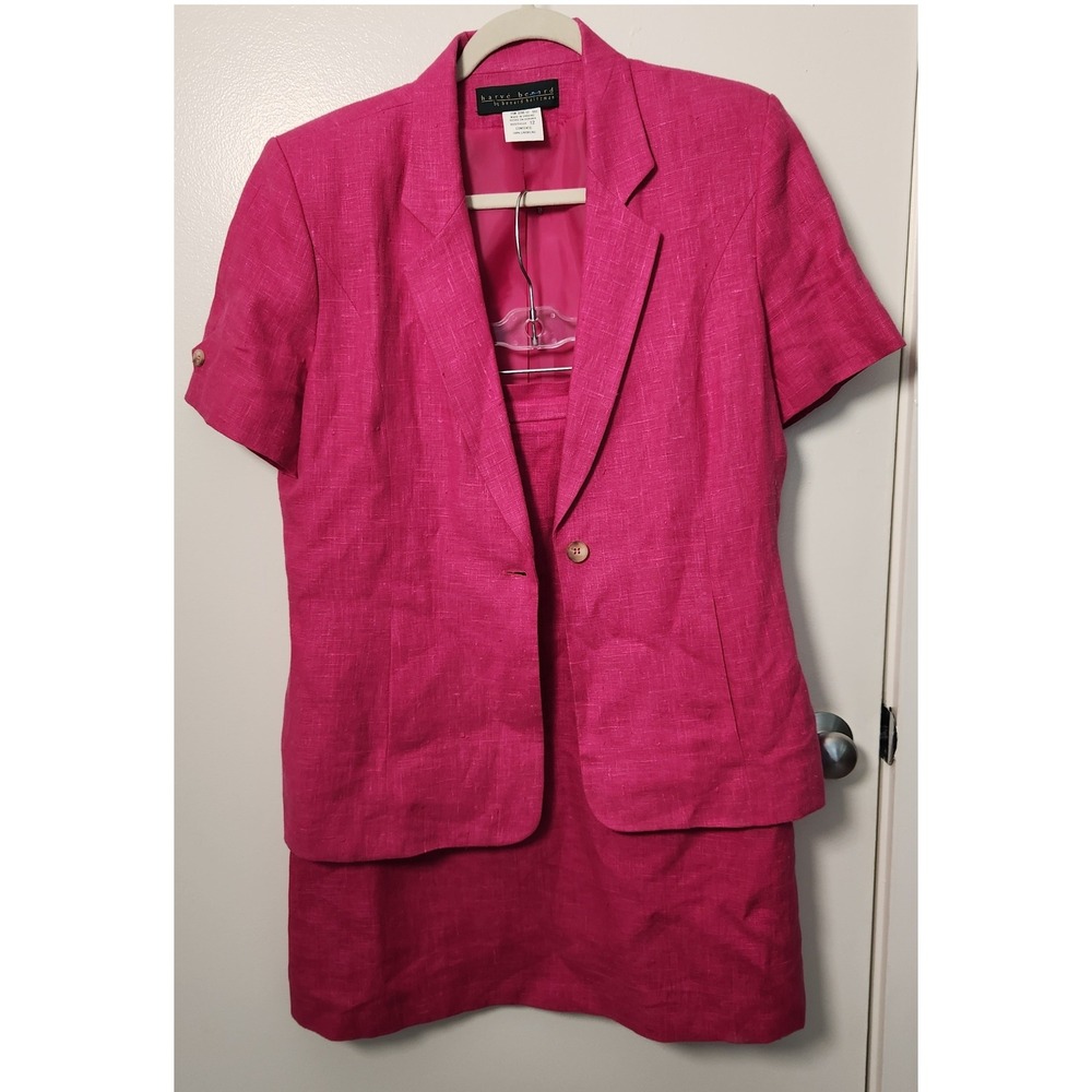 Vtg Harve Benard‎ Pink Linen Skirt Blazer Suit Sz 12 Lined Pockets Short Sleeve